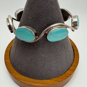 VTG Sterling Silver 925 Turquoise Bezel Set Cuff Bracelet Size 7.5" Fit